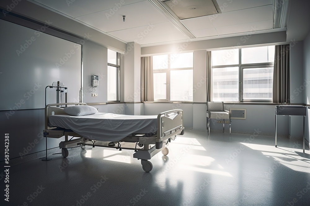  a hospital room with a bed and a chair in the middle of the room and a window in the back of the ro