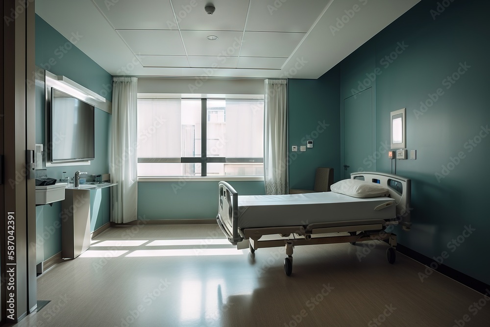  a hospital room with a bed and a tv in its corner and a window in the corner of the room and a sin