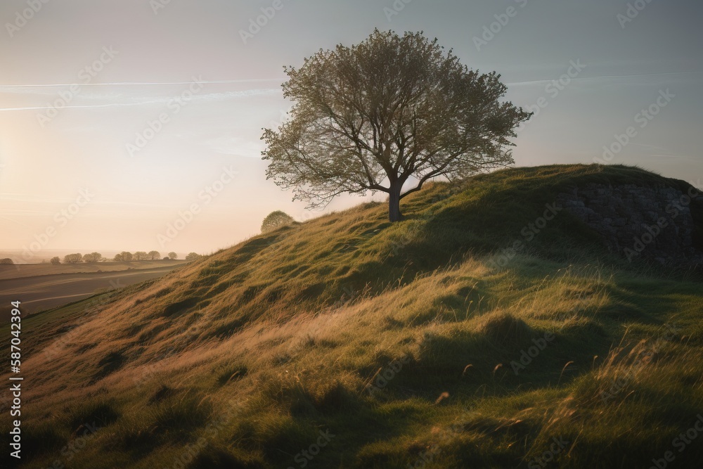  a lone tree sitting on top of a green hill next to a tree on a hill top with a sky background and a