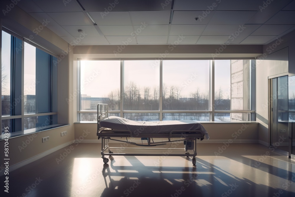  a hospital room with a bed in the middle of the room and a large window overlooking the outside of 