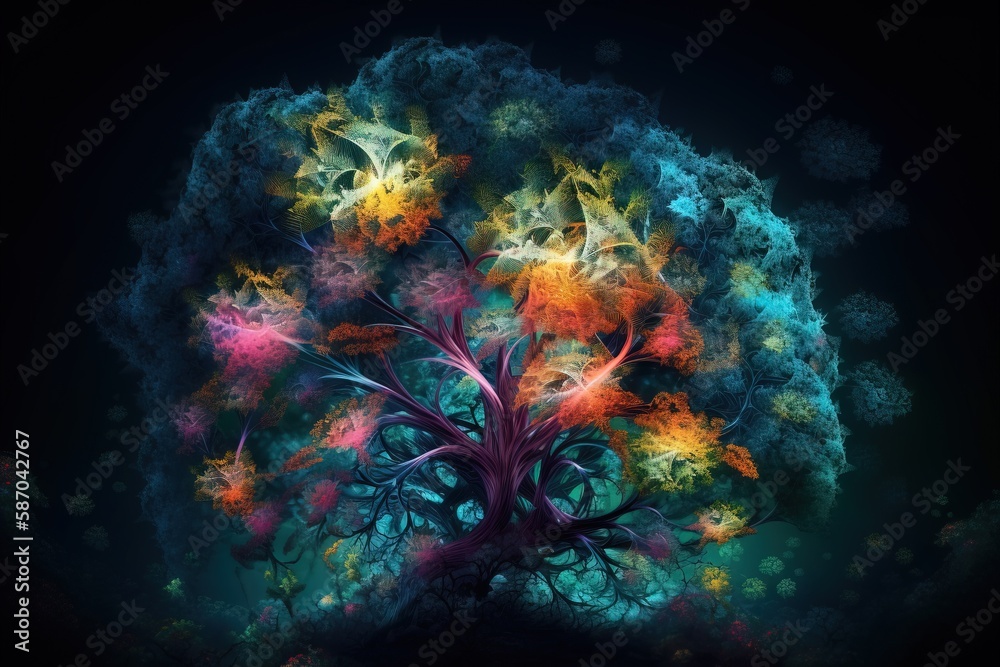  a colorful tree is shown in the middle of a dark background, with a black background and a blue sky