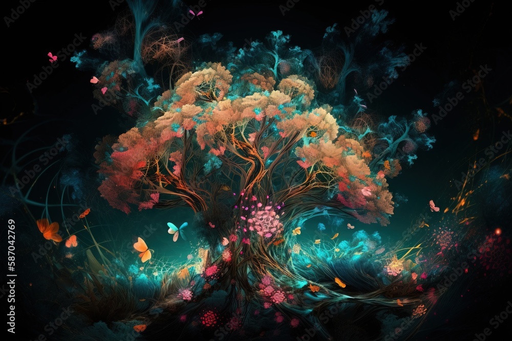  a painting of a tree with lots of flowers and butterflies flying in the air above it, with a dark b