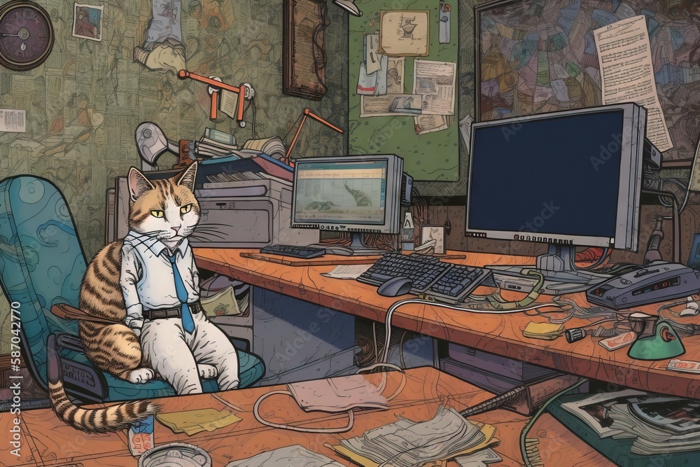  a cat sitting on a chair in front of a computer desk with a lot of clutter on the desk and a comput