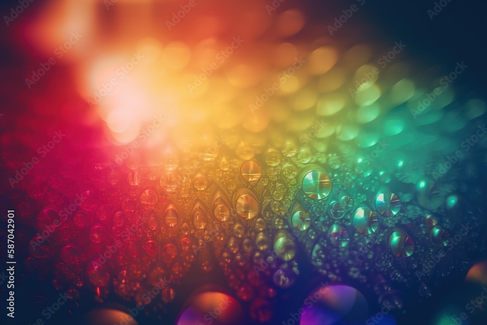  a close up of water droplets on a glass surface with a rainbow colored background and a black backg