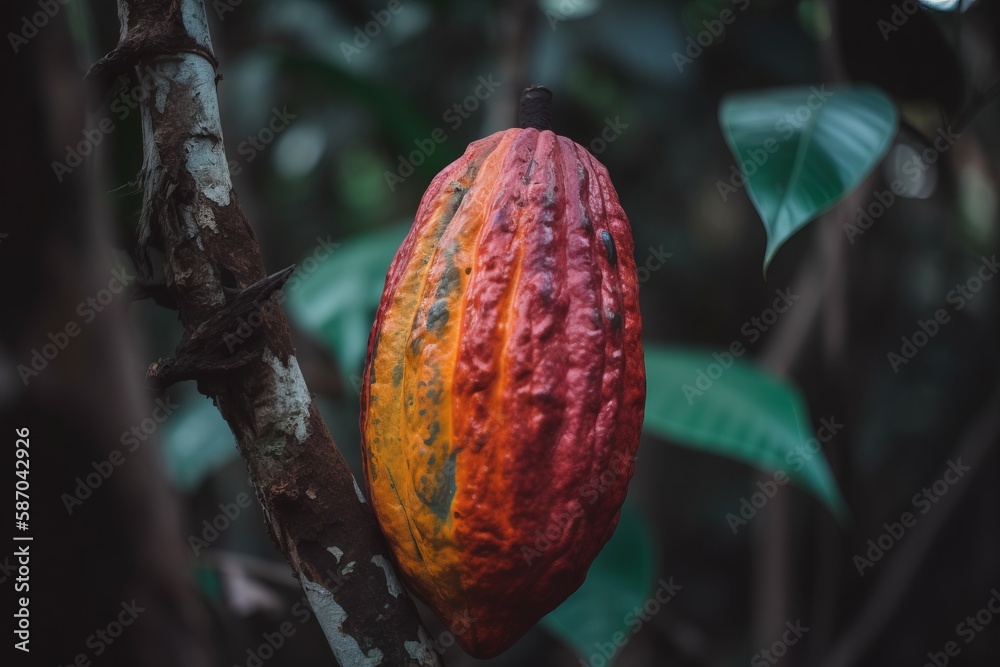  a cocoa pod hanging from a tree in a forest with leaves and a green leaf in the foreground, with a 