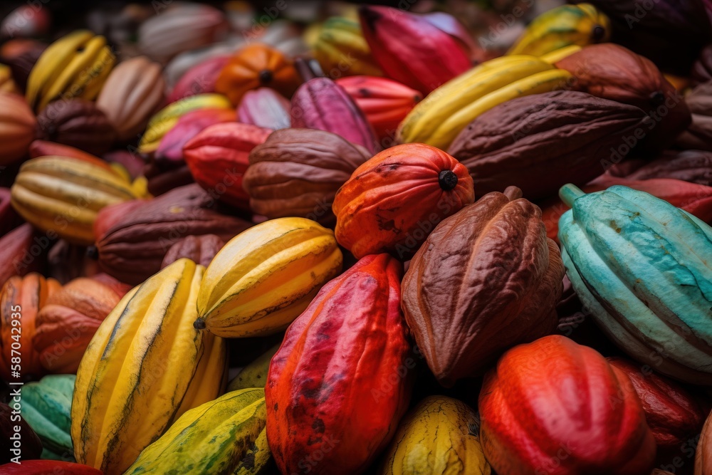  a pile of colorfully colored cocoa beans on display in a market stall, with one of the pods still o