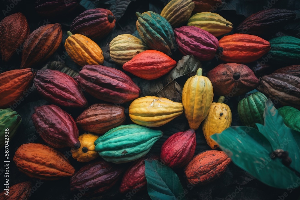  a pile of colorful cocoa beans and leaves on a dark background with a green leaf in the middle of t