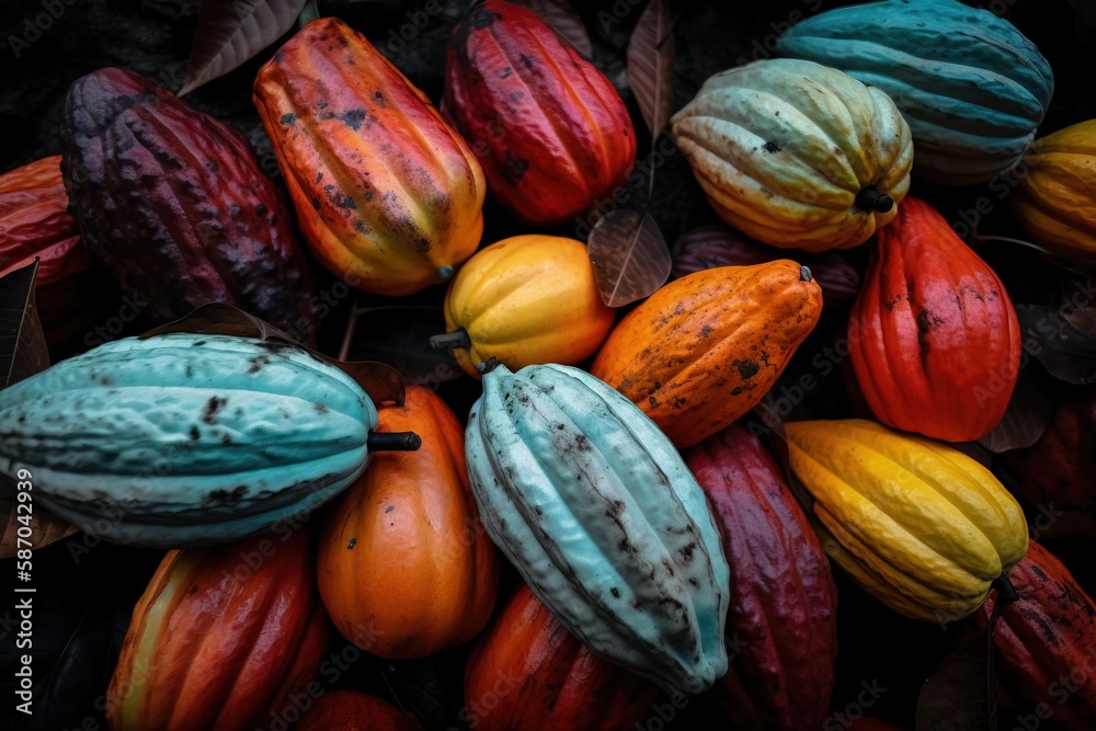  a group of colorful fruits sitting on top of each other on a table next to leaves and a banana peel