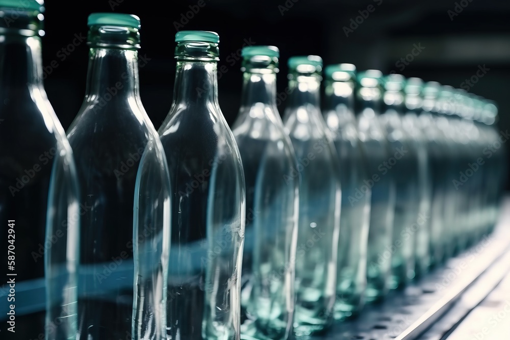  a row of empty glass bottles on a conveyor belt in a store or office setting, with a blurry image o