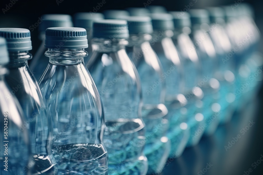  a row of bottled water bottles lined up in a row on a counter top, with a black back ground and a b