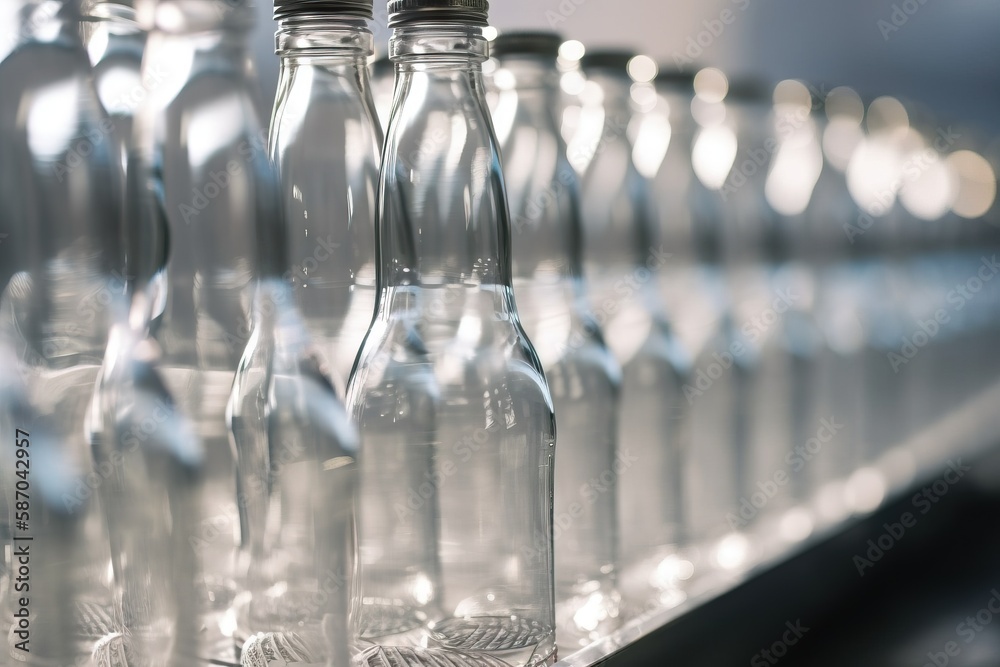  a row of glass bottles sitting on top of a shelf next to each other on a shelf in a store or office