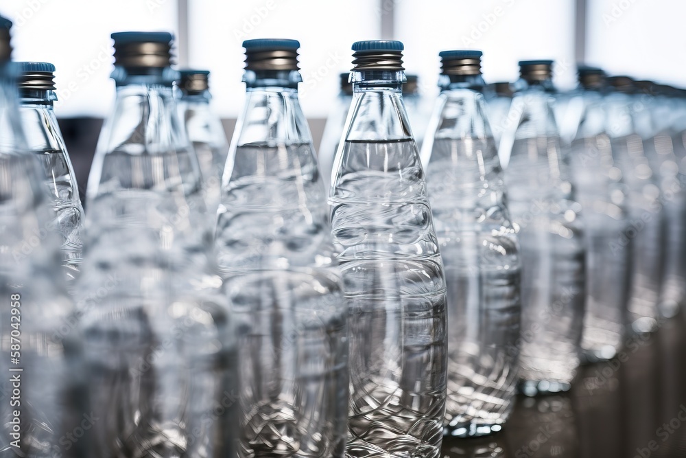  a row of empty water bottles sitting on top of a table next to each other in front of a window with