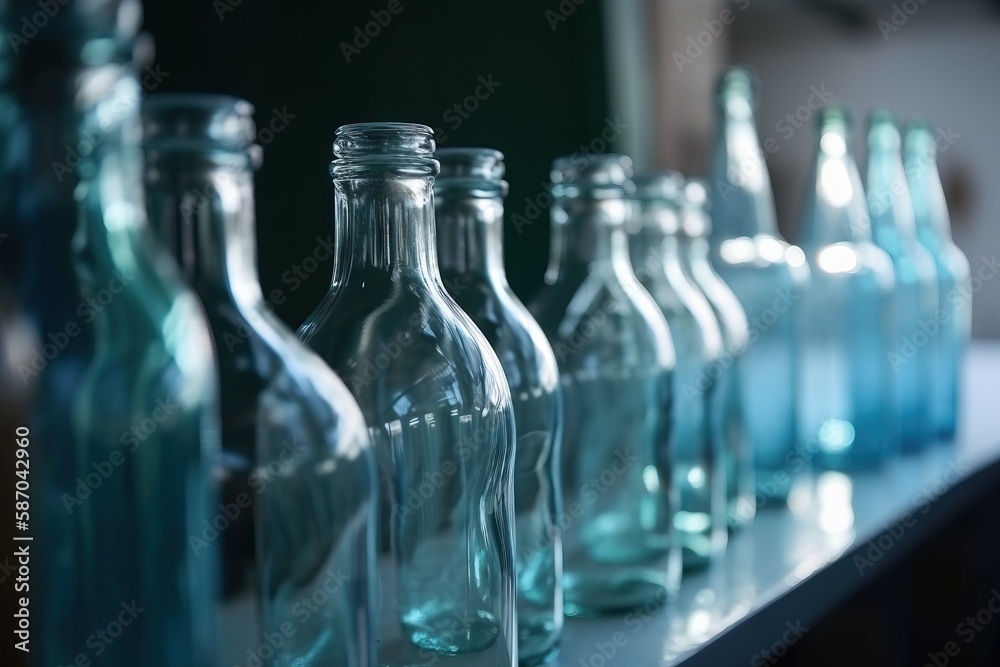  a row of glass bottles sitting on top of a table next to each other on a counter top in a room with