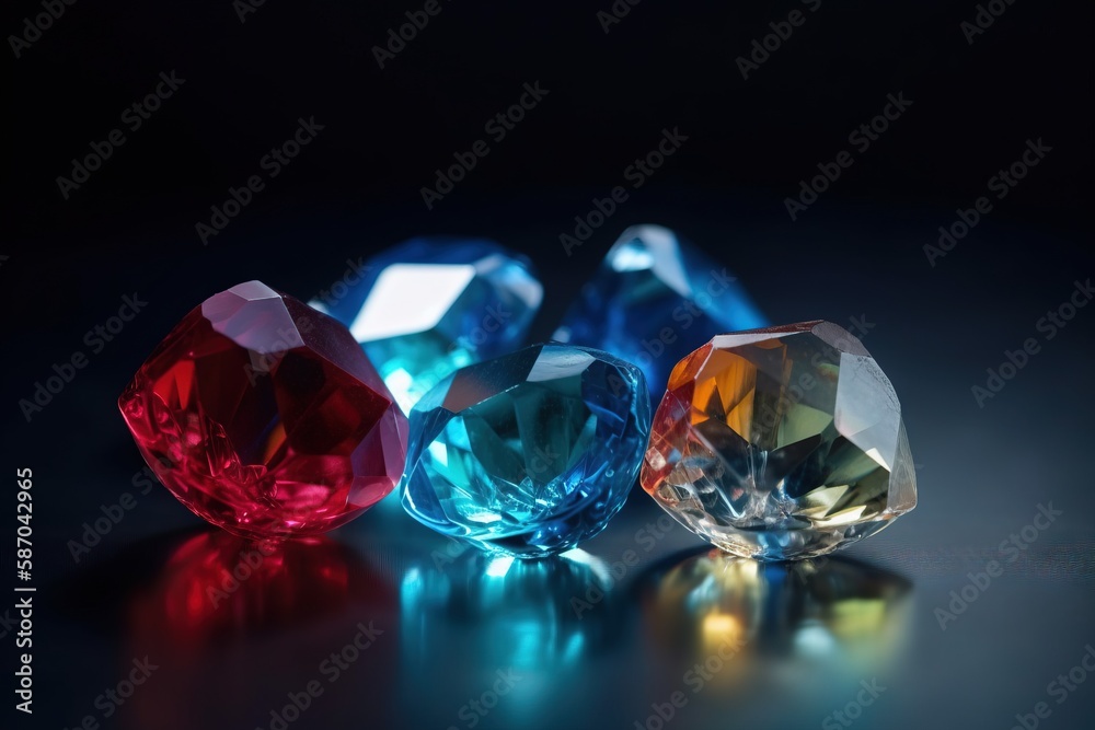  three different colored diamonds on a black surface with a reflection on the ground in front of the