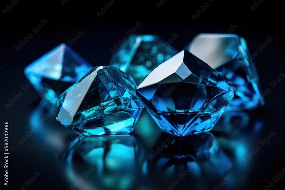  a group of blue diamonds sitting on top of a black table top next to a black background with a refl