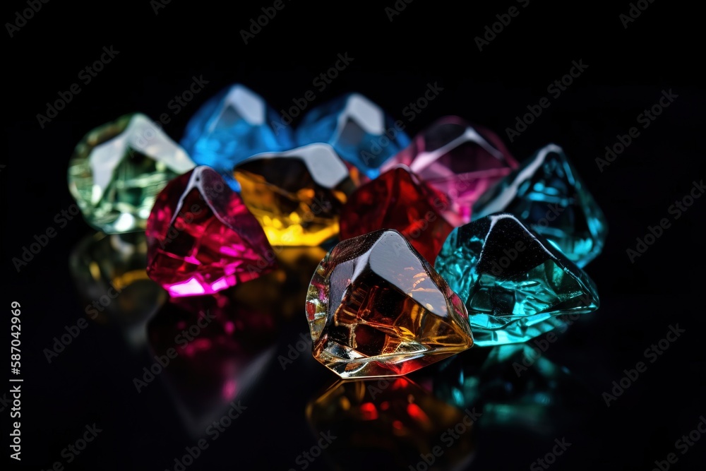  a group of different colored diamonds on a black surface with a reflection on the ground and a blac