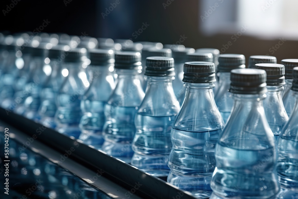  a row of bottled water bottles sitting on a conveyor belt in a factory or assembly line, with a blu