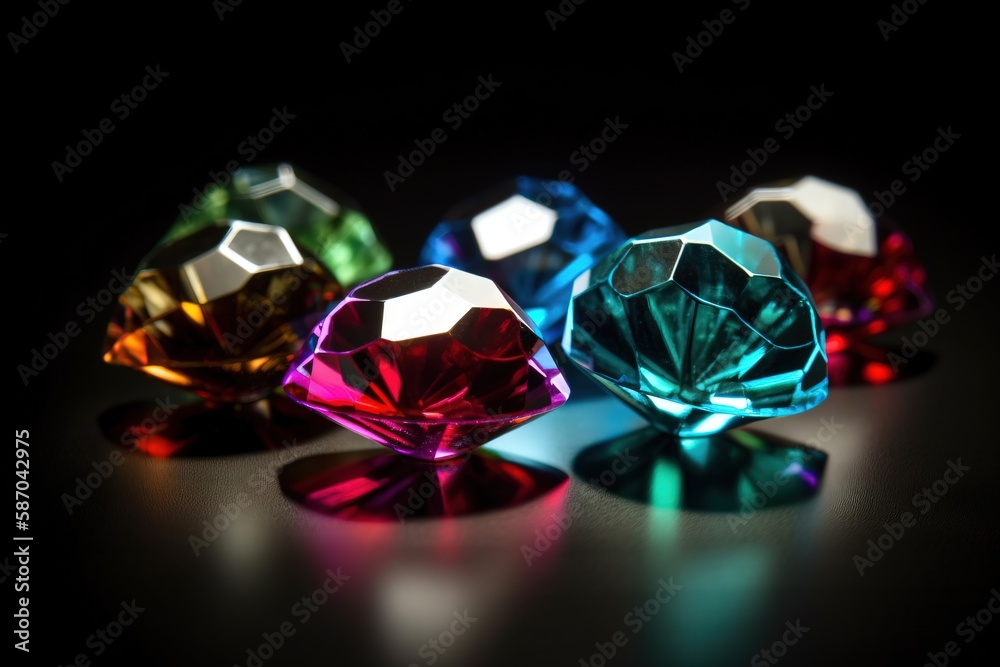  a group of different colored diamonds on a black surface with a reflection of light on the surface 