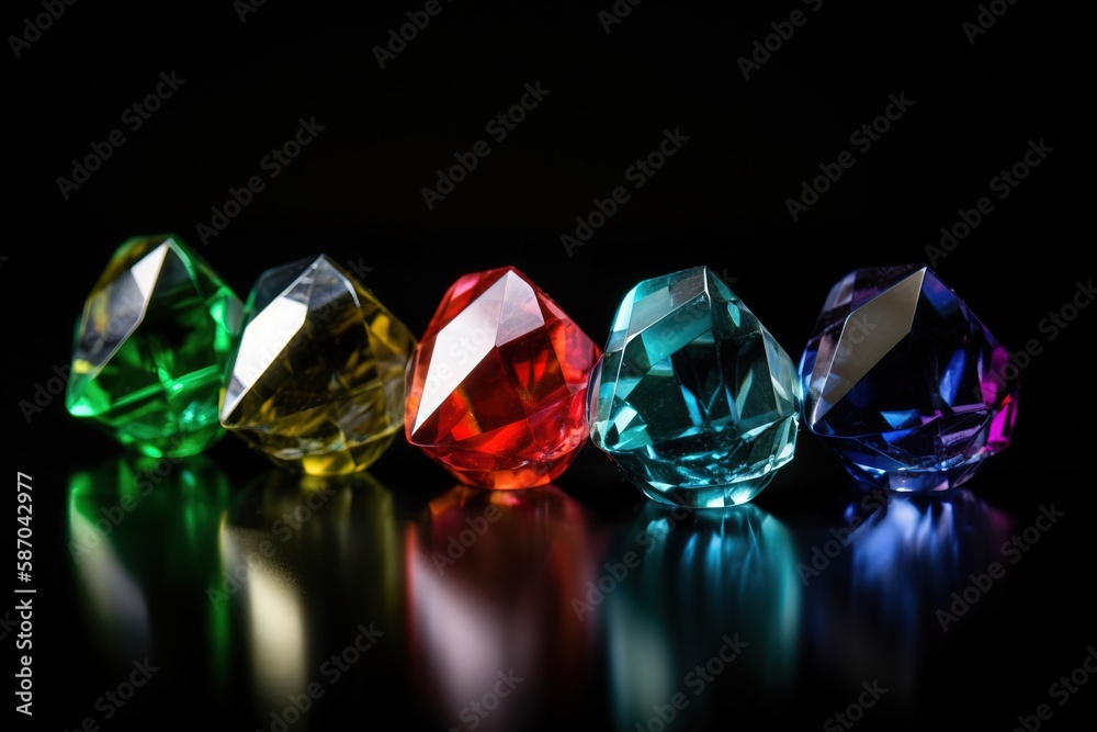  a row of different colored diamonds on a black background with a reflection of the light on the flo