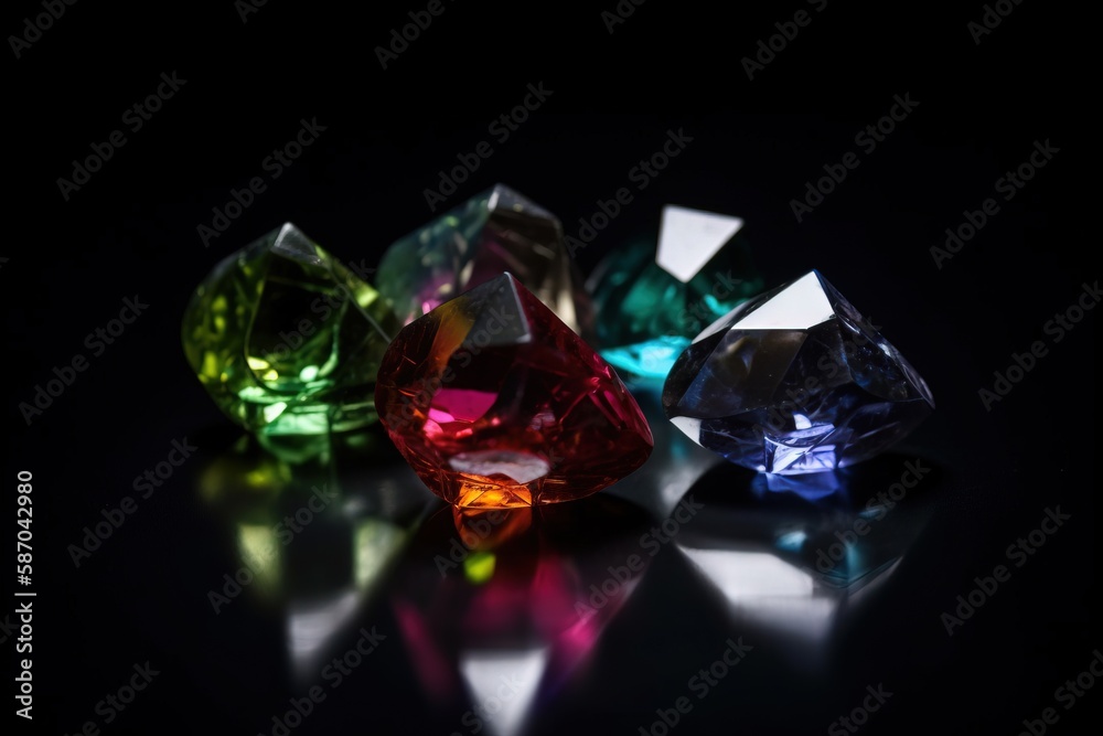  a group of different colored diamonds on a black surface with a reflection on the ground and a blac