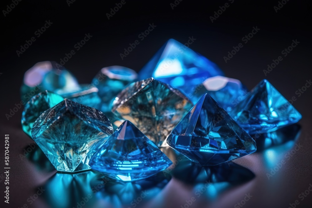  a group of blue diamonds sitting on top of a table next to a black background with a reflection of 