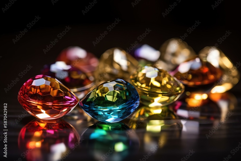  a close up of a group of different colored diamond shapes on a table with a reflection on the surfa