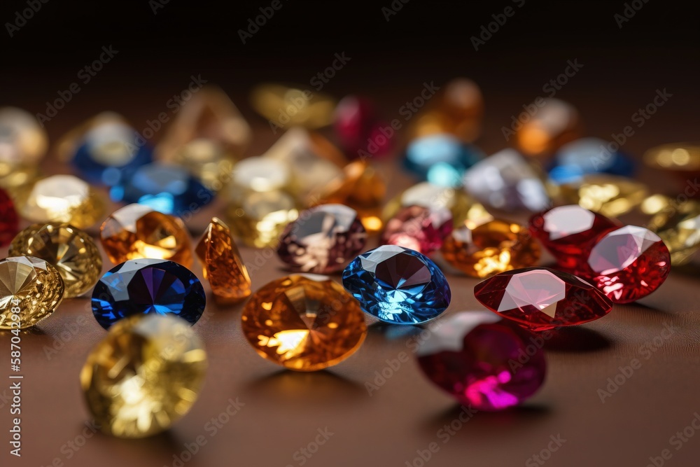  a bunch of different colored diamonds on a table top with a black background and a brown table top 