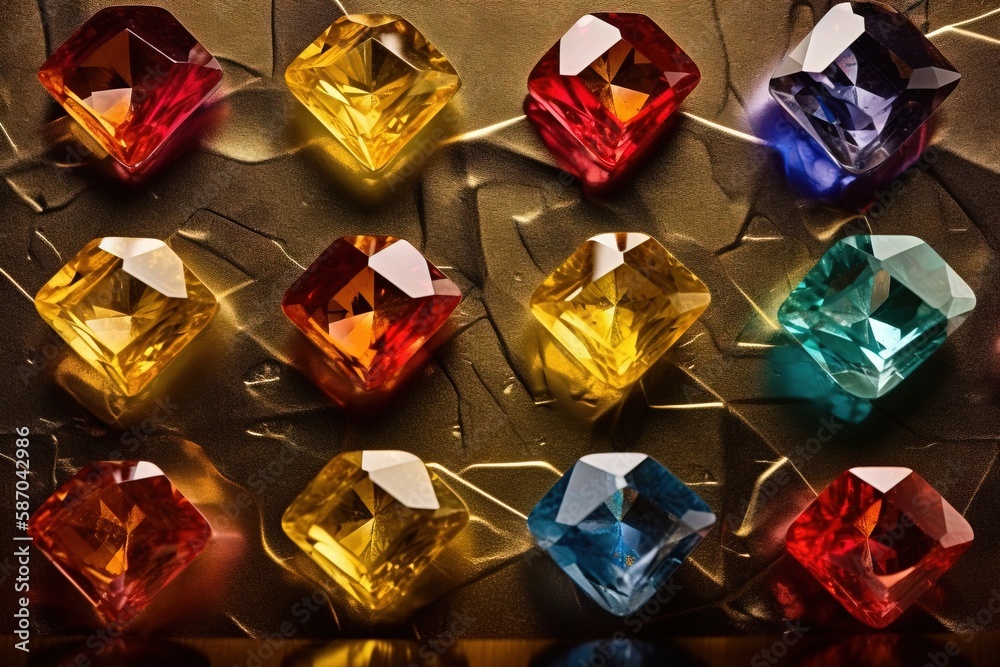  a group of different colored diamonds on a table top with a gold background and a black background 