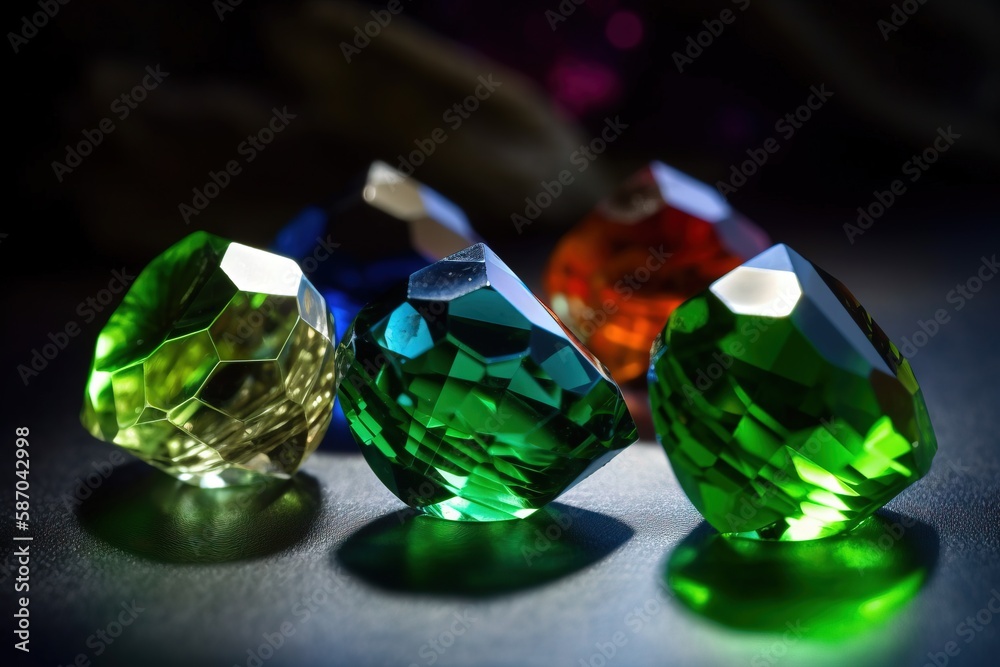  a group of three different colored diamonds on a table with a black background and a white light sh