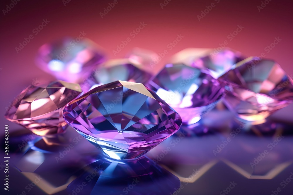  a group of pink and purple diamonds sitting on top of a purple table top next to a pink wall and a 