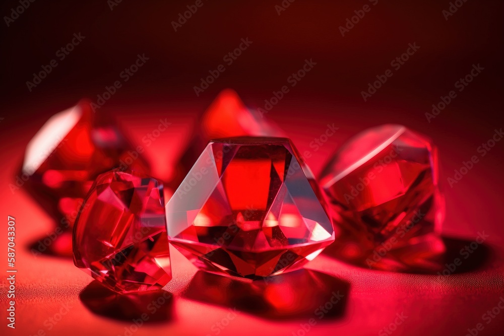  a group of red diamonds sitting on top of a red table top next to a red light in the dark room with