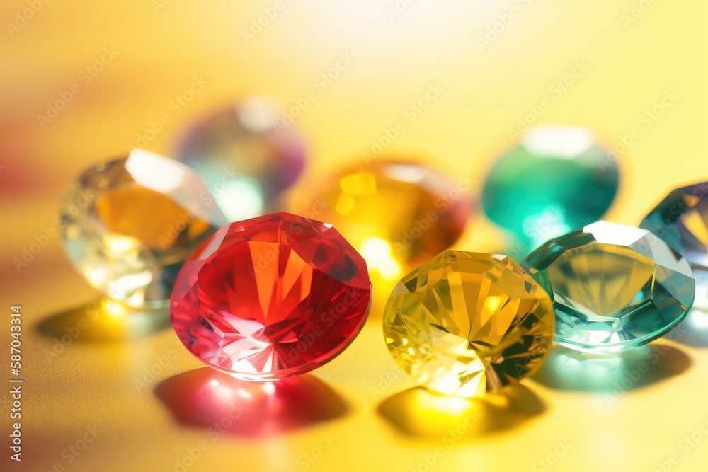  a group of different colored stones on a table top with a yellow background and a yellow background