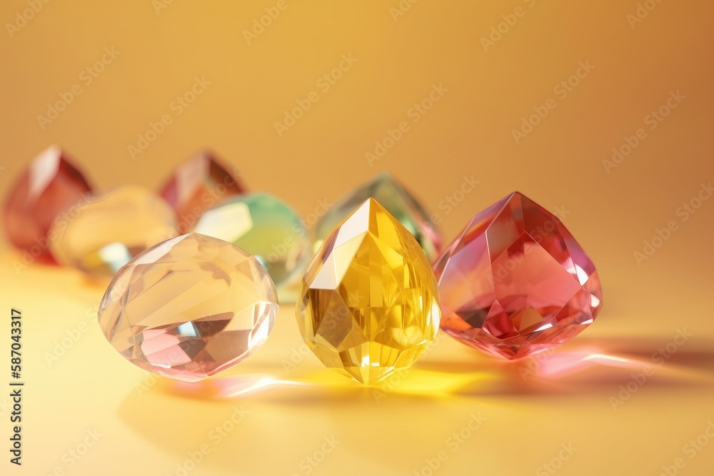  a group of different colored diamonds on a yellow background with a shadow on the ground and a yell