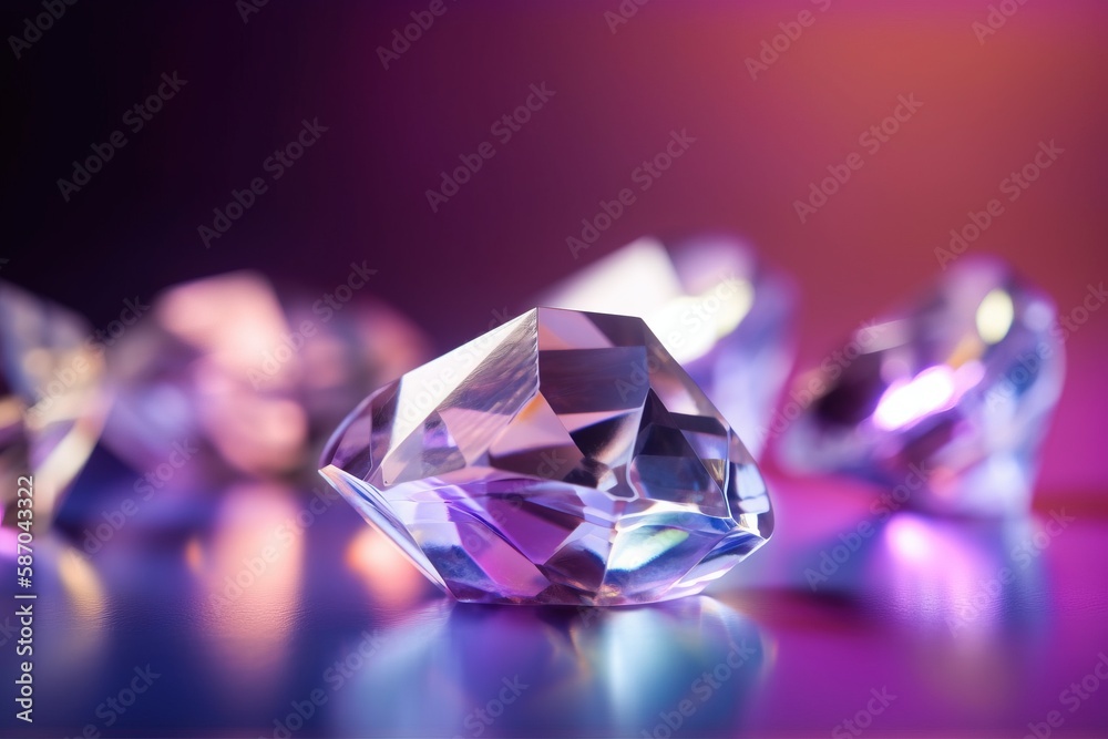  a close up of a diamond on a purple surface with other diamonds in front of the camera and a blurry