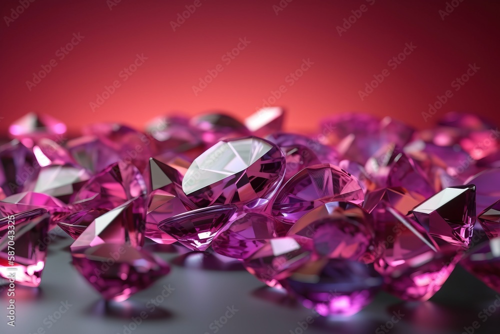  a group of pink diamonds on a table top with a red background and a red wall in the backround of th