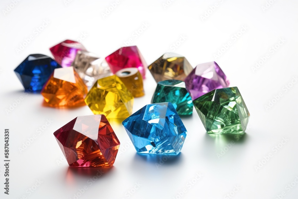  a group of different colored diamonds on a white surface with a reflection of the diamond in the mi