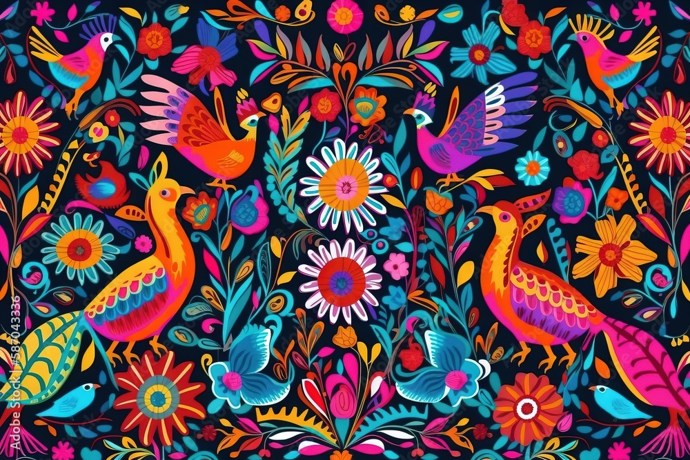  a painting of colorful birds and flowers on a black background with a blue background and a red, ye