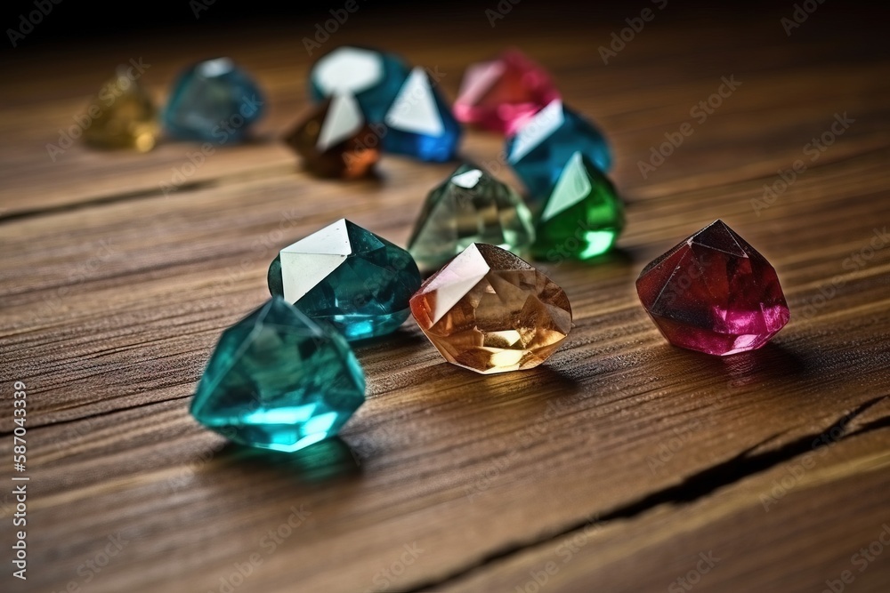  a group of different colored diamonds on a wooden table with a black background in the middle of th