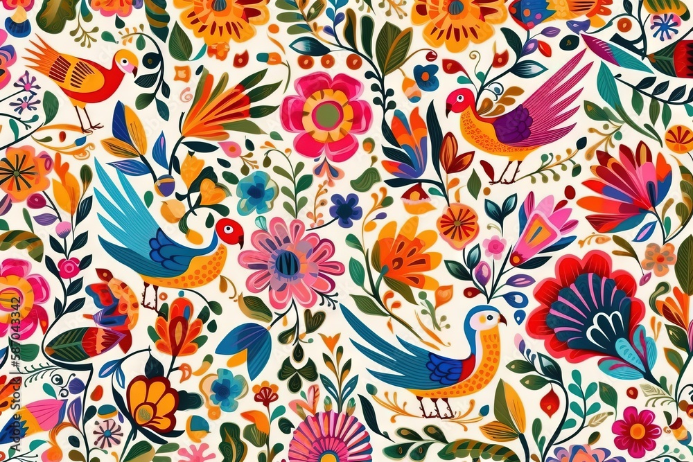  a colorful floral pattern with birds and flowers on a white background with red, orange, blue, and 