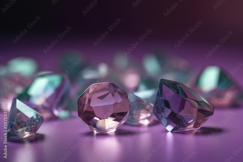  a group of different colored diamonds on a purple surface with a black background and a purple ligh