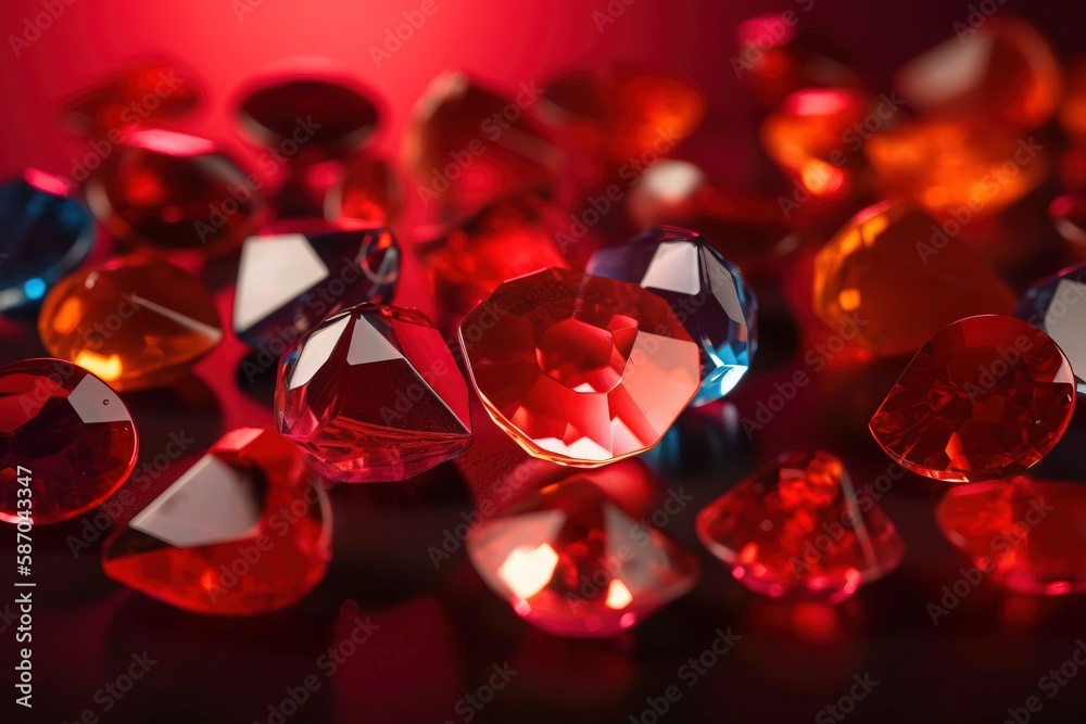  a bunch of different colored diamonds on a black surface with a red light in the back ground and a 