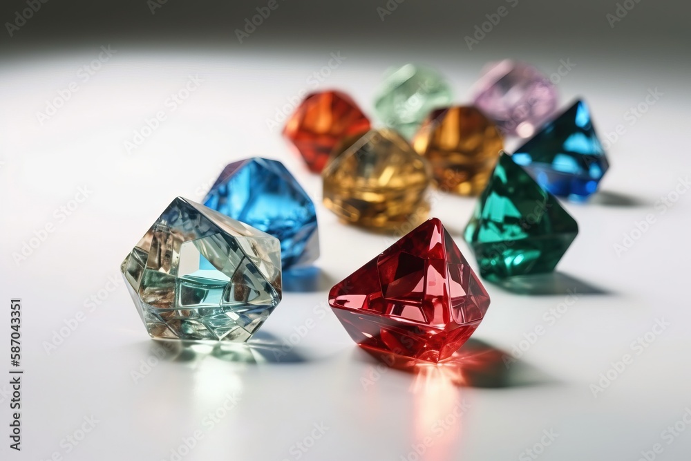  a group of different colored diamonds on a white surface with a reflection on the surface of the di