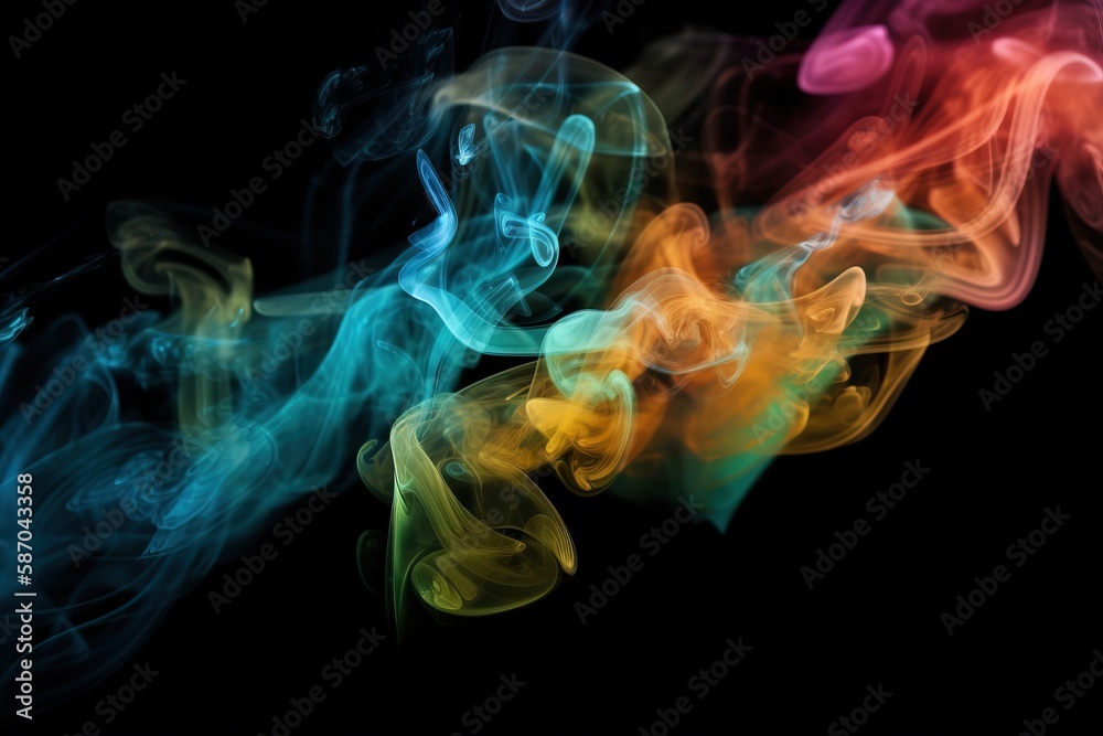  a group of colorful smokes on a black background with a black background and a red, yellow, and blu