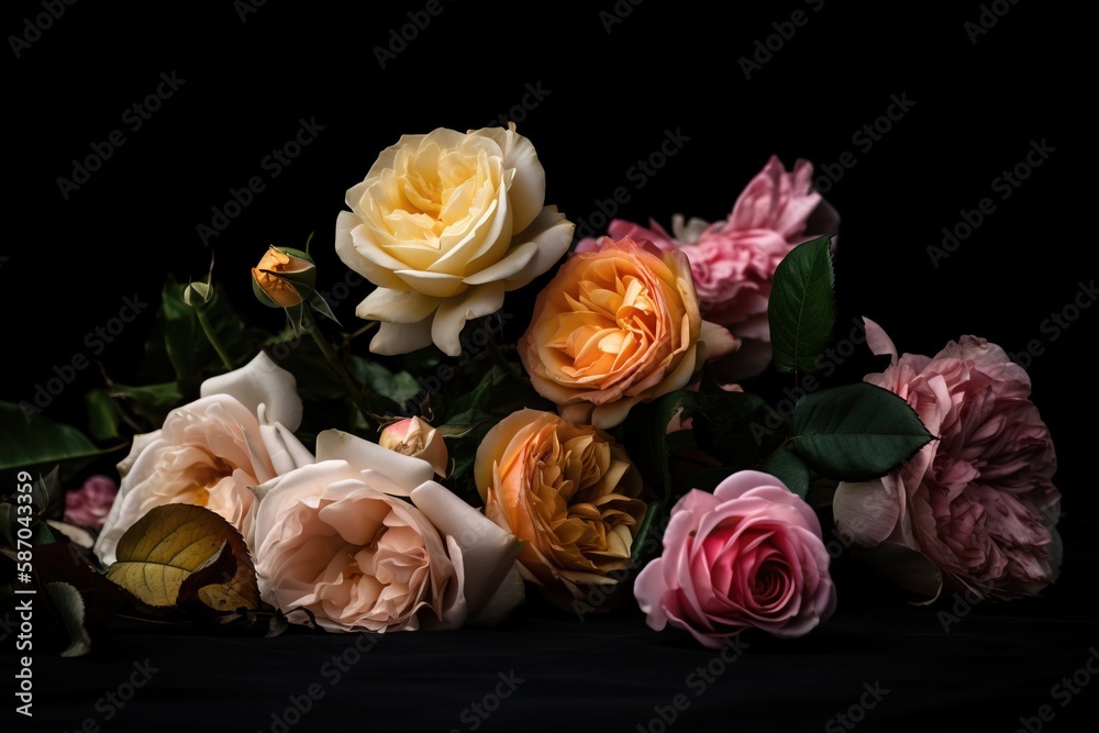  a bunch of flowers that are sitting on a black tablecloth with a black background in the middle of 