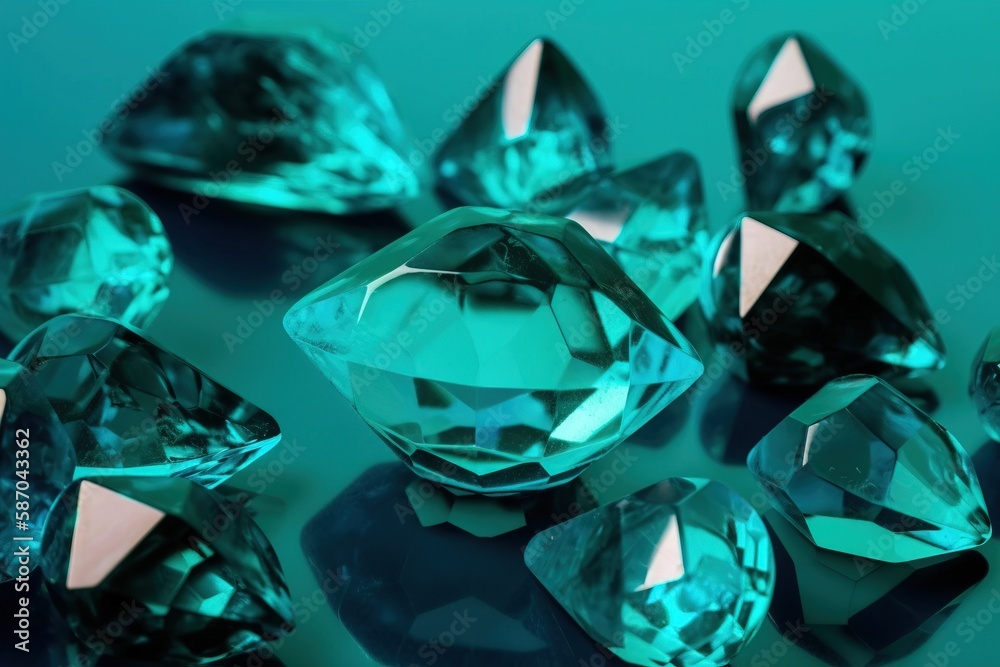  a group of green diamonds on a blue surface with a reflection of the diamond in the middle of the i