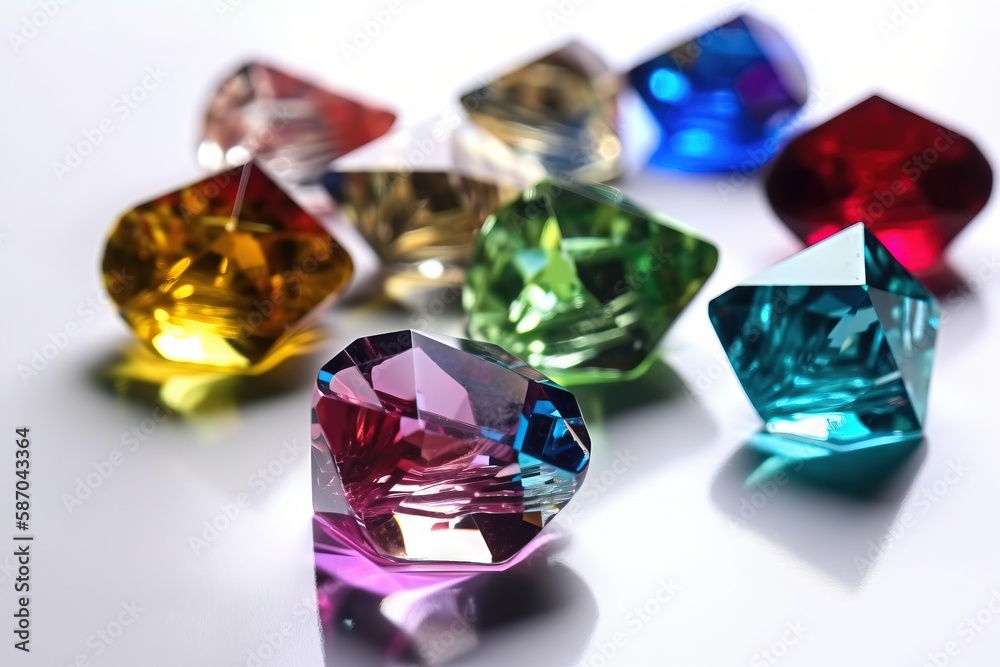  a group of different colored diamonds on a white surface with reflections on the surface of the dia