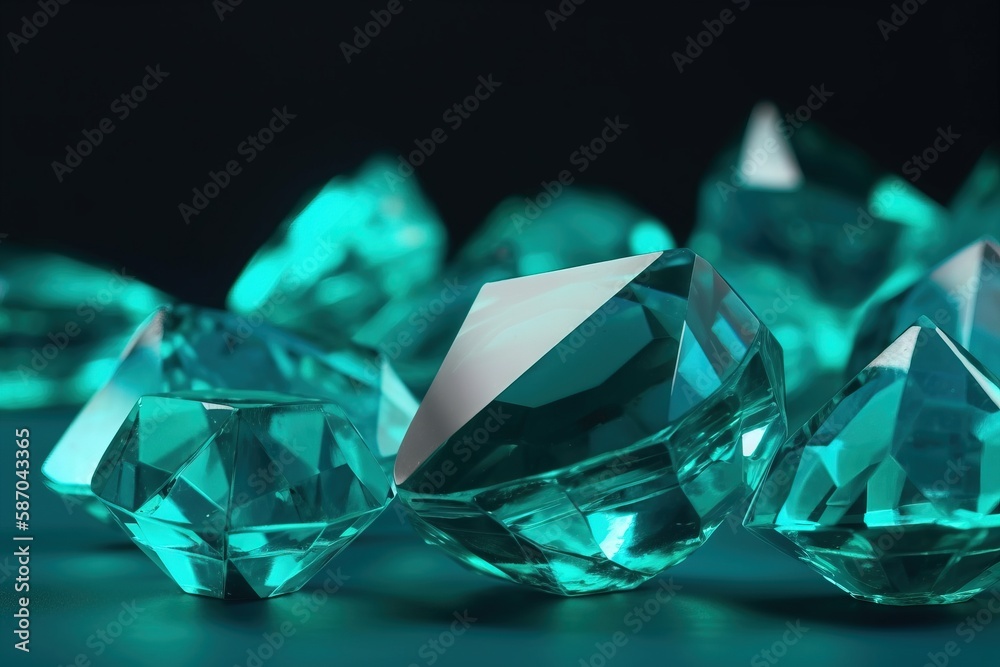  a group of green diamonds sitting on top of a blue table top next to a black background with a blac