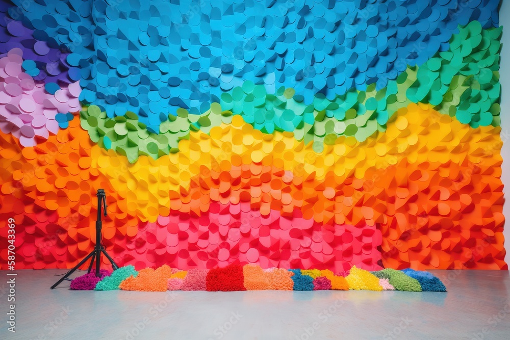  a large colorful wall with a pair of microphones in the foreground and a multi - colored backdrop i