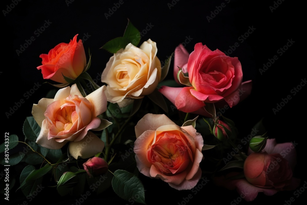  a bunch of roses that are sitting on a black tablecloth with green leaves on it and a black backgro