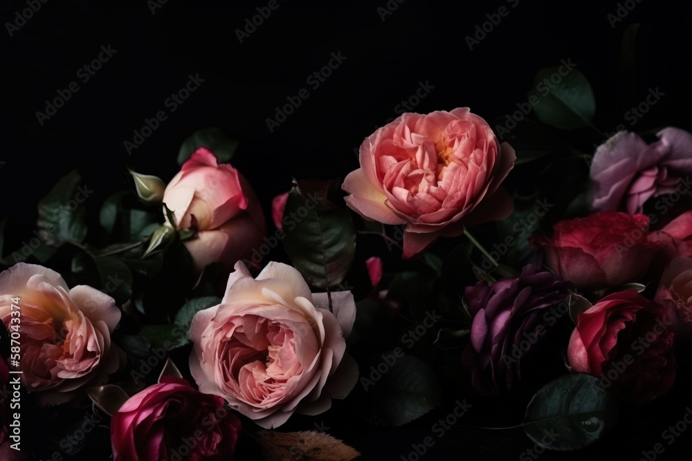  a bunch of pink and red flowers on a black background with leaves and stems in the foreground, with